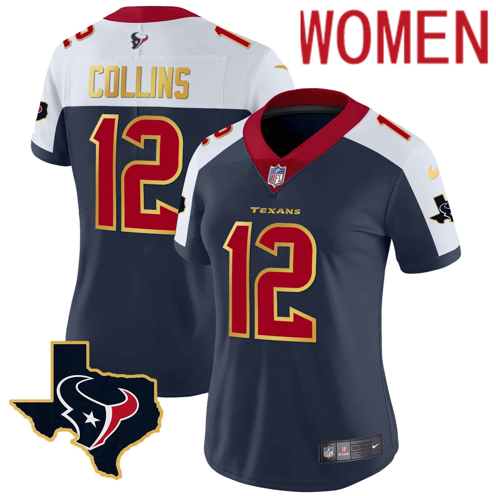 Women Houston Texans #12 Collins Dark blue Gold 2024 Nike Trim Vapor NFL Jersey